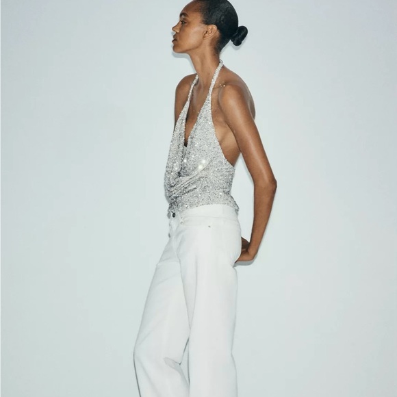 Zara Ruched Halter Sequin Top - Picture 2 of 6